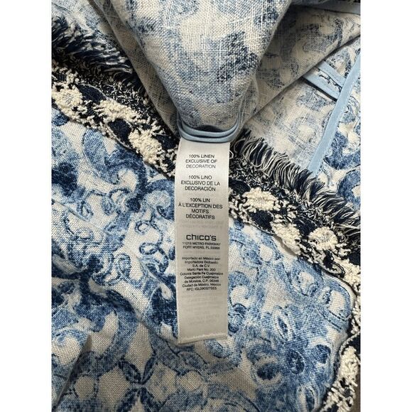 Chico's Jacket Boho Cottage Blue White Beachy Fringe 100% Linen Open-Front - Picture 6 of 6